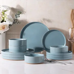 Ceramic Dinnerware Set for 4 | Speckled Stoneware Plates and Bowls with unglazed terracotta | Scratch Resistant, Dishwasher & Microwave Safe Dishes Sets- 12-Pcs Blue