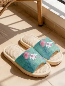 Ocean Sea Turtle Hibiscus Linen Slippers Cloud-Feel Fresh Summer Vacation Style Breathable, Sweat-Absorbent & Non-Slip Must-Have For Beach Vacation Lovers & Casual Wearers