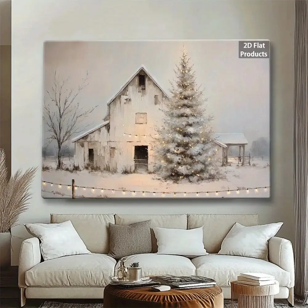 2D Flat High-Quality Art Print with - White Christmas Tree Standing in Front of White Barn, Suitable for Living Room, Bedroom, Office, Cozy Room Art, Indoor/Outdoor Use, Autumn and Summer Decoration, Bedroom Wall Art|   Country Chri