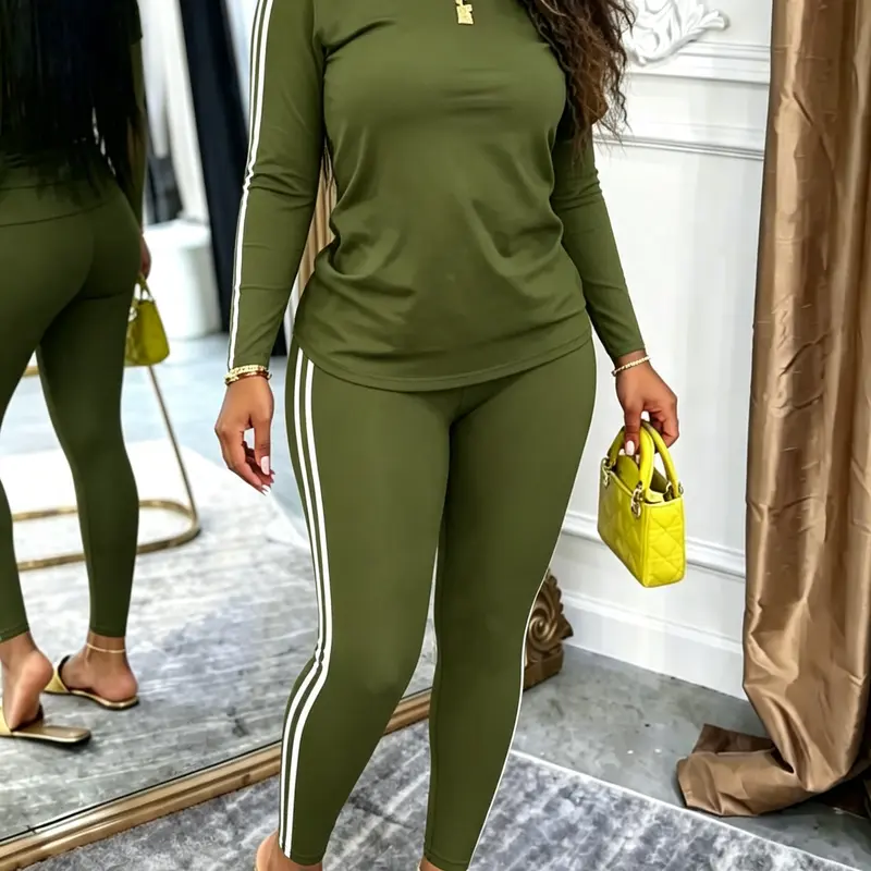 AUXDIO Women's 2-Piece Side Striped Long Sleeve Tee & Pants Set, Fitted Round Neck Casual Sporty Athleisure Outfit, Fall Winter Fitness Tracksuit Activewear
