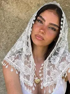 Women's Floral Embroidery Lace Trim Tie Neck Scarf, Casual Soft Comfortable Shawl for Daily Wear, Fashion Accessories for Women & Girls