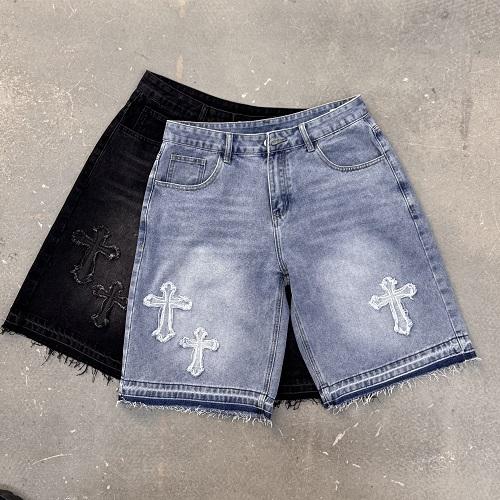 Sopula Studio Men's Vintage Hiphop Cross Appliqué Rhinestone Jorts Denim Shorts SpringStatements Ripped Jeans Ripped Straight Leg