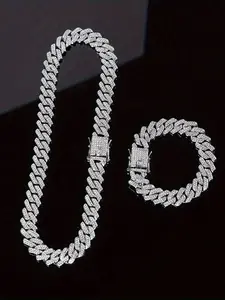 2 Piece Set Full Diamond Rhombic Cuban Chain Necklace Bracelet Set, Hip Hop Men Women Street Party Jewelry, Unisex Fashion Accessories, Elegant Jewelry Set, Rhinestone Bombshell
