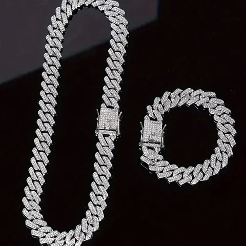 2 Piece Set Full Diamond Rhombic Cuban Chain Necklace Bracelet Set, Hip Hop Men Women Street Party Jewelry, Unisex Fashion Accessories, Fashionable Jewelry Set, Elegant Jewelry Set, Rhinestone Bombshell