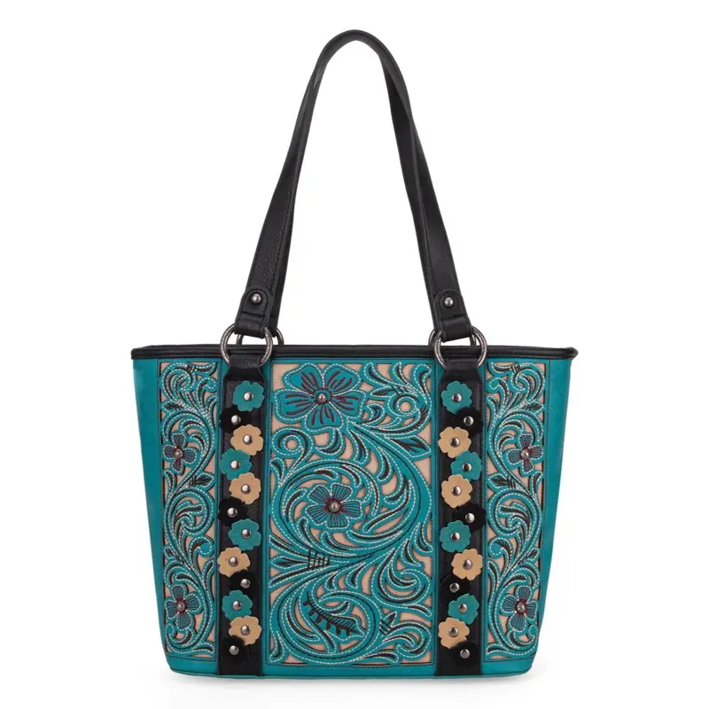 Montana West Embroidered Floral Tote Bag with Floral Cut-Out Applique, Top Zipper Closure