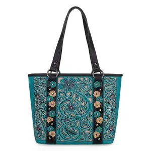 Montana West Embroidered Floral Tote Bag with Floral Cut-Out Applique, Top Zipper Closure