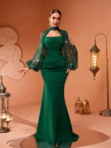 Luxurious Long Mermaid Ball Gown, Lace Embroidery, Sequins, Pleated Satin Skirt, Train Design, Perfect for Weddings, Parties, Special Occasions