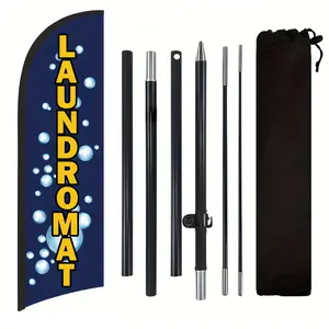 Laundromat Shop Flag, Polyester Advertising Flag with Flag Pole and Ground Stake, Outdoor Promotion Banner Decoration