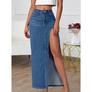 Women’s split-leg denim skirt, street-fashion skirt, casual long skirt with pockets and a button closure, suitable for everyday wear, women’s bottoms for all seasons GARMENTARY