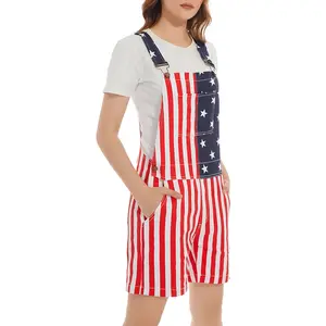 USA Independence Day Sleeveless Overalls Shorts with Soft Stretch Fabric – Patriotic Blue Jean Romper for Adults, Memorial Day Casual Outfit for Beach Camping, Father's Day Matching Couple Attire, Summer Streetwear Jumpsuit