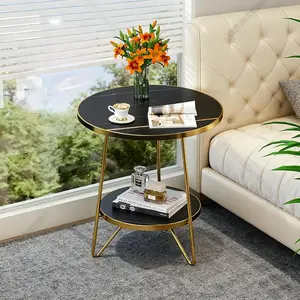 Tribesigns Faux Marble End Table, 2-Tier Round Side Table with Shelves for Living Room, Modern Black Nightstand, Small Coffee Accent Table in Black and Gold