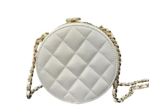 Pre-owned Leather Shoulder Bags CHANEL Matelasse Quilted Lambskin Round Chain Shoulder Bag White/Gold Hardware