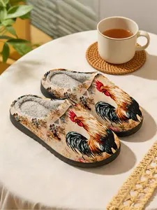 Vintage Rooster Art Plush Slippers, Warm Fleece Anti-Slip Thick Sole Comfort, Animal Lovers & Vintage Home Party Essentials