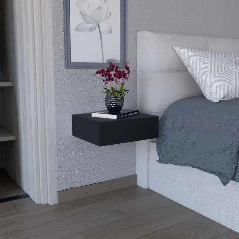 Milano Floating Nightstand End Table Side Table Wall-Mounted with Drawer -Black -Bedroom