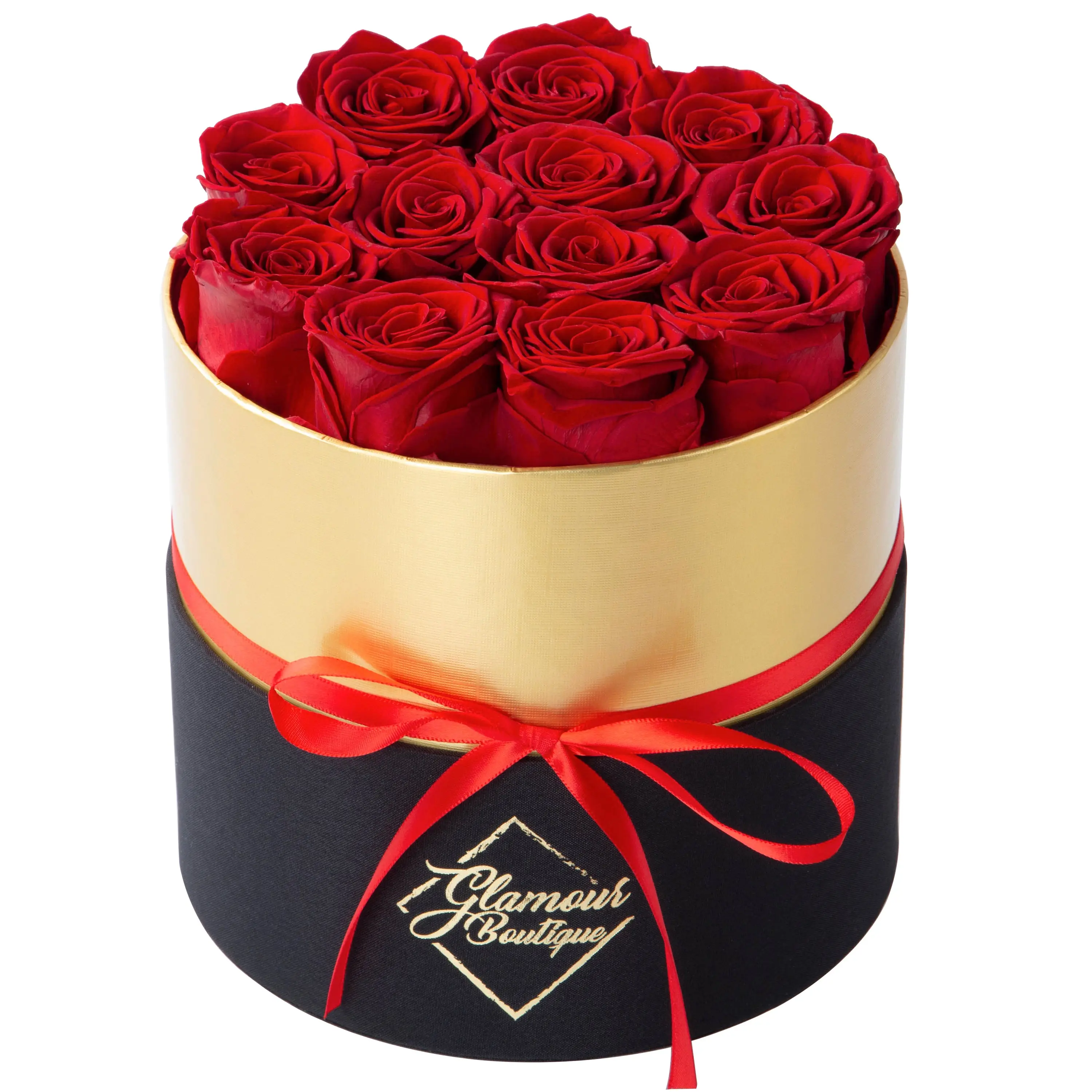 Lasting Beauty Round Black Gold Box with 12 Red Preserved Roses, Eternal Rose Flowers for Home Garden Decor, Preserved Rose
