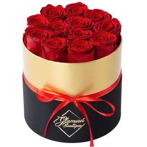 Lasting Beauty Round Black Gold Box | 12 Red Roses Decor Decorative