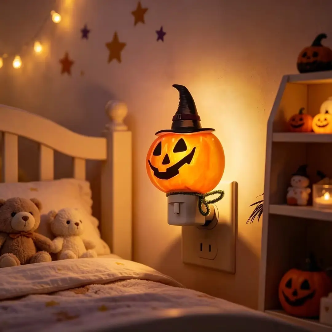 3D Pumpkin Campfire Plug-In Night Light, Standard Plug, AC Power Supply, Realistic Flickering Flame Effect - Indoor Halloween Decorations, Whimsical Adult Room Decor