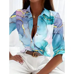 [Marble Print Button Front Shirt] Marble Print Button Front Shirt, Casual Versatile Long Sleeve Shirt, Women's Clothing