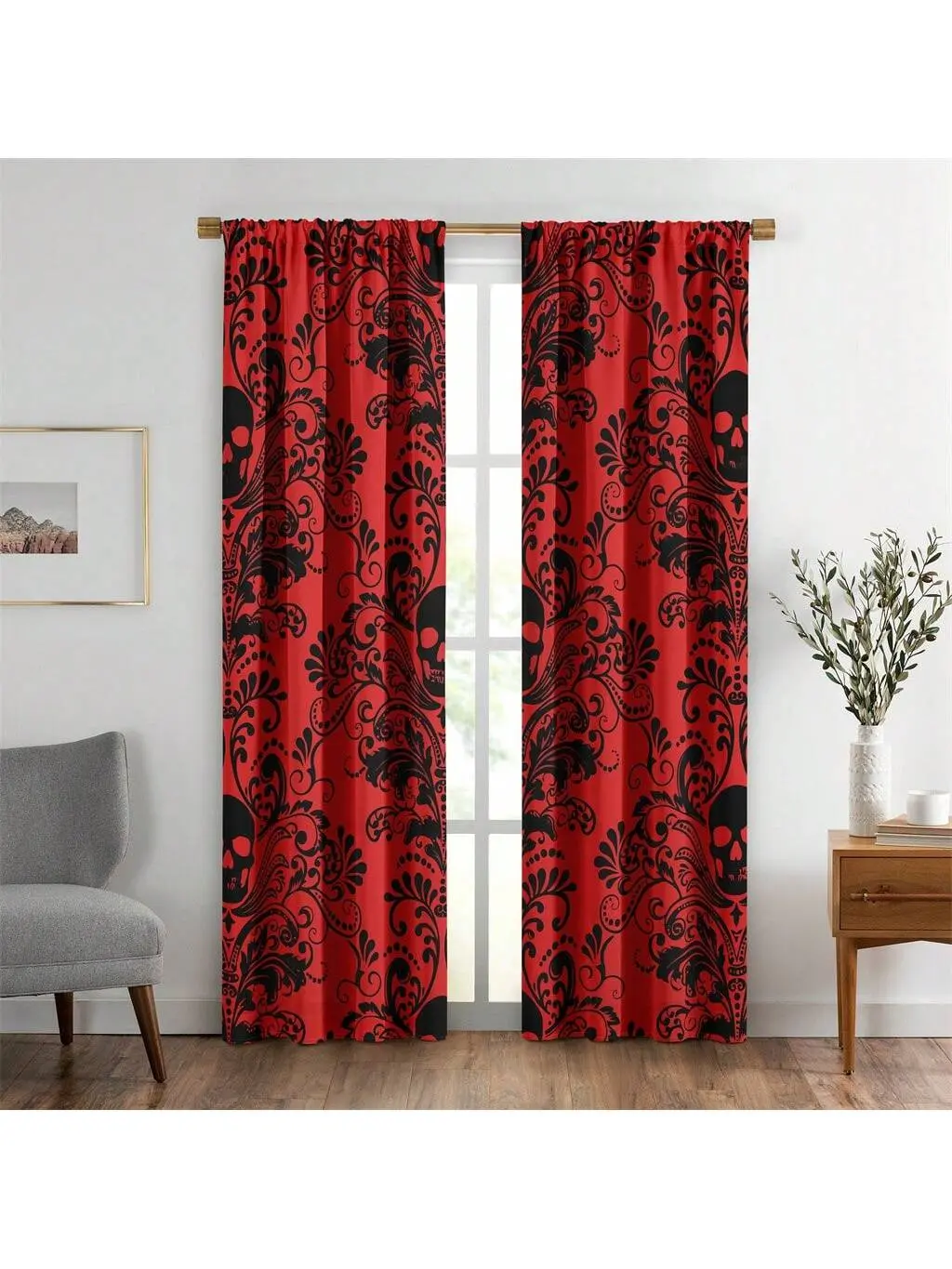 2Pcs 1.5m Polyester Red Curtains - Antique Victorian Baroque Goth Drapes with Bone Skeleton Detail, Skull Print Window Treatments for Bohemian Bedroom Home Decor