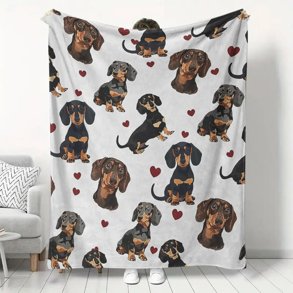 Dachshund Red Heart Pattern Soft Flannel Blanket - Cozy Fuzzy Plush Throw for Dachshund Lovers, Women Pet Owners, Bedroom Sofa Home Decor, Perfect Birthday Gift