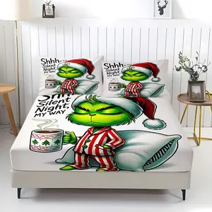 3-Piece Christmas Grinch Patterned Bed Sheet With Comfortable Printed Pattern, Including 1 Bed Sheet And 2 Pillowcases, Comfortable Bedding, Non Slip Dust Cover Suitable For Bedrooms And Guest Rooms, Suitable For Children And Adults As Gifts
