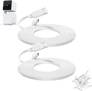 2-Pack 30 ft Extension Cable for WYZE Cam Pan V3 Outdoor Camera, Micro USB 90 Degree Power Adapter, Flat Cord, White