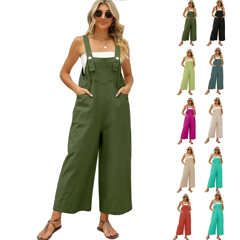 TanmingModa Women's Summer Cotton-Linen Sleeveless Adjustable Baggy Wide-Leg Bib Overalls, Overalls for Women