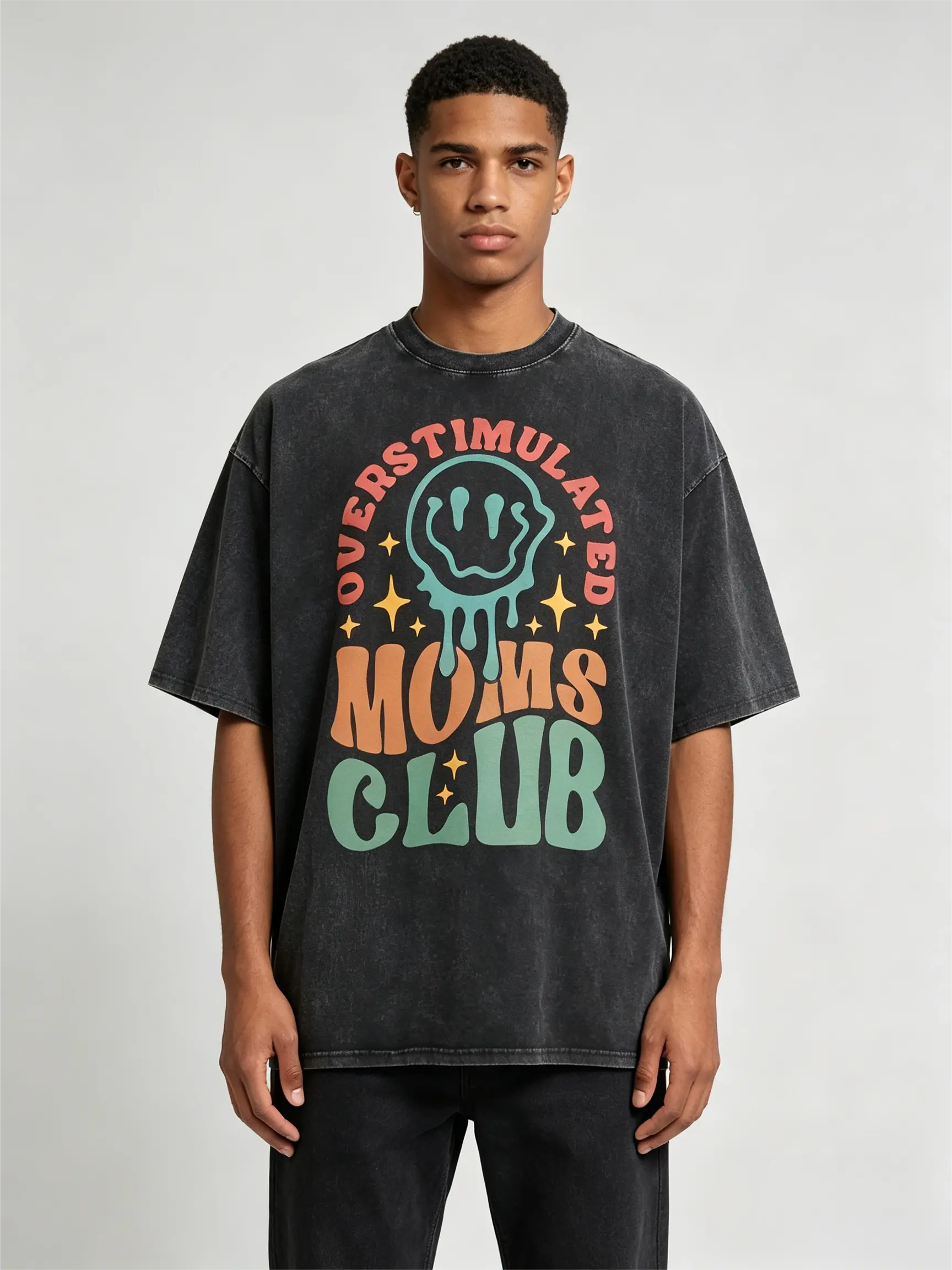 Men's Classic Atomic Washed Oversized Heavyweight Cotton Crewneck T-shirt - Acid Wash Vintage, "MOM'S Club" Graphic, Streetwear, Valentine's Day Gift Short-sleeve Tops