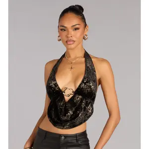 Soft Shine Foiled Velvet Halter Crop Top
