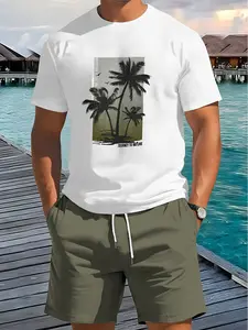 1 set of 2 3D printed fashionable men's coconut tree pattern summer fresh T-shirt shorts, micro-elastic polyester knitted fabric, regular version, suitable for outdoor activities and family gatherings