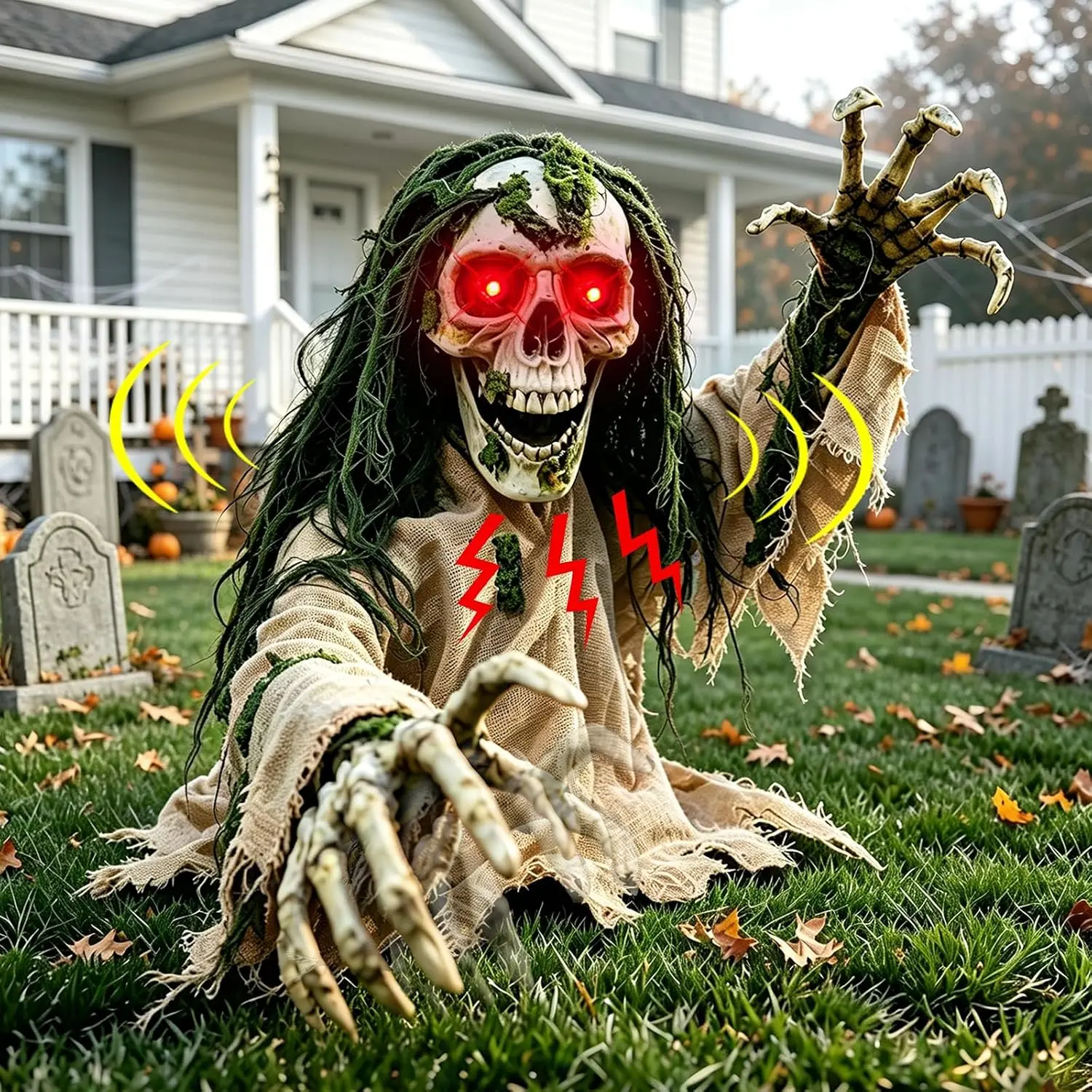 Halloween Outdoor Decoration Animated Zombie Groundbreaker with Red Eyes | Half-Body Skeleton Groundbreaker with Creepy Sound, Motion and Light-Up Eyes for Outside Graveyard, Yard, Haunted House Prop