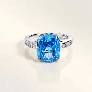 5ct Radiant  Cushion Cut Sea Blue Statement Ring Hidden Overlap Adjustable Band (US 5-10) Elegant 5A CZ Pave Jewelry Aesthetic Gift for Her