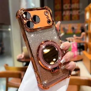 Airbag Shockproof Electroplated Glitter Case with Mirror Stand, Clear Protective Phone Cover for iPhone 11 12 13 14 15 16 17 Pro Max