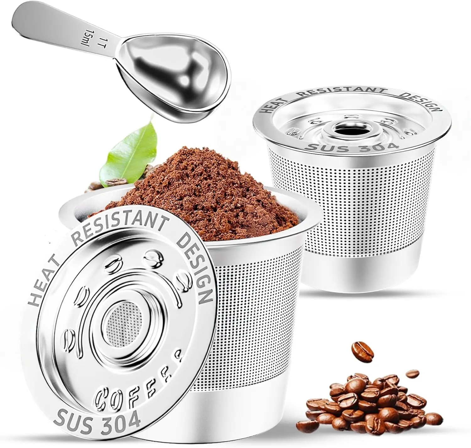 Reusable Stainless Steel Coffee Pods Refillable Washable Filter Capsules for Single-Serve Machine with 2 Filters & Measuring Spoon Home Coffee Kit