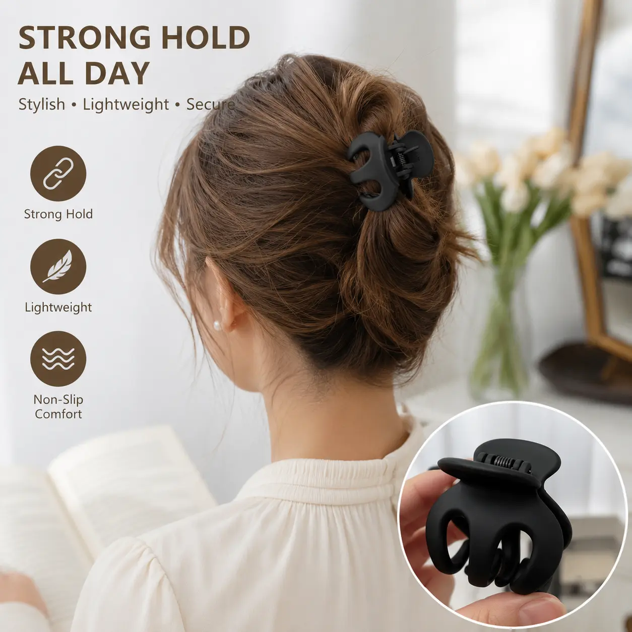 Matte Black Mini Hair Claw, Strong Hold Non-slip Clip for Women's High Ponytails, Messy Buns, and Daily Use, Hair Clips