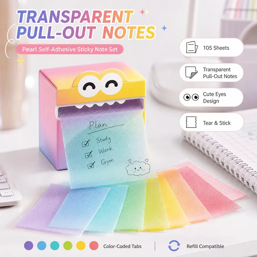 105 Sheets Pearlescent Self-Adhesive Sticky Notes - Transparent Retractable Memo Pads with Cute Eyes And Label-Style Partition Design (No Labels), Tear-Off Pages, for School, Office Supplies, Water Bottle - Compatible with Colored Coding Refills