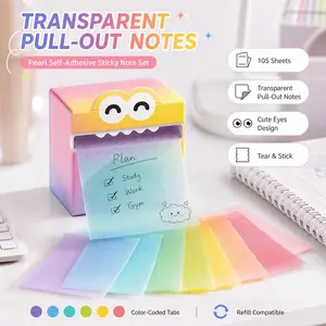 105 Sheets Pearlescent Self-Adhesive Sticky Notes - Transparent Retractable Memo Pads with Cute Eyes And Label-Style Partition Design (No Labels), Tear-Off Pages, for School, Office, Water Bottle - Compatible with Colored Coding Refills