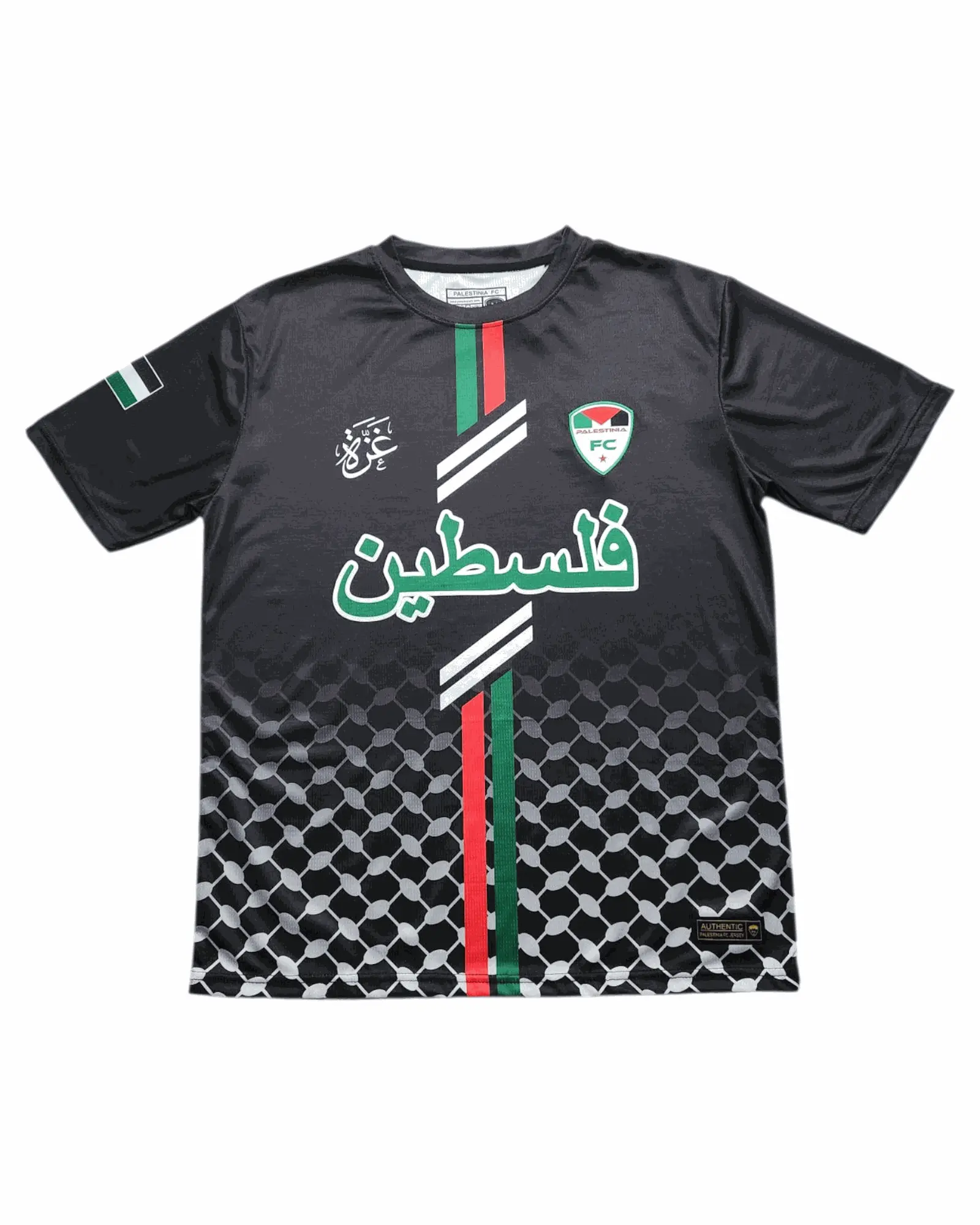 Black Palestine Arabic Jersey (Red/Green Stripes)