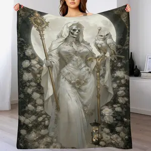 Moonlit Santa Muerte Flannel Blanket with Rose  Super Soft  Lightweight AntiPilling  Suitable for Halloween Gift, Gothic Home Decor, Spooky Season Gift Day of the Dead ,Perfect For Napping Christmas Present