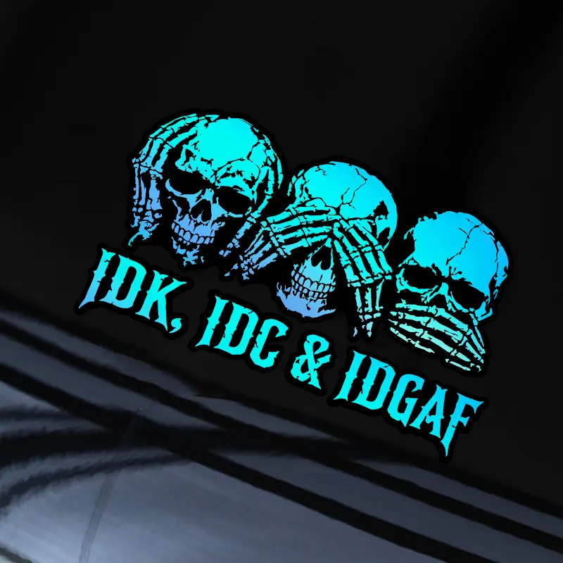 IDK, IDC, IDGAF Creative Night Light Laser Skull Totem Car Body Stickers Skull Terror Motorcycle Stickers Halloween Universal Truck