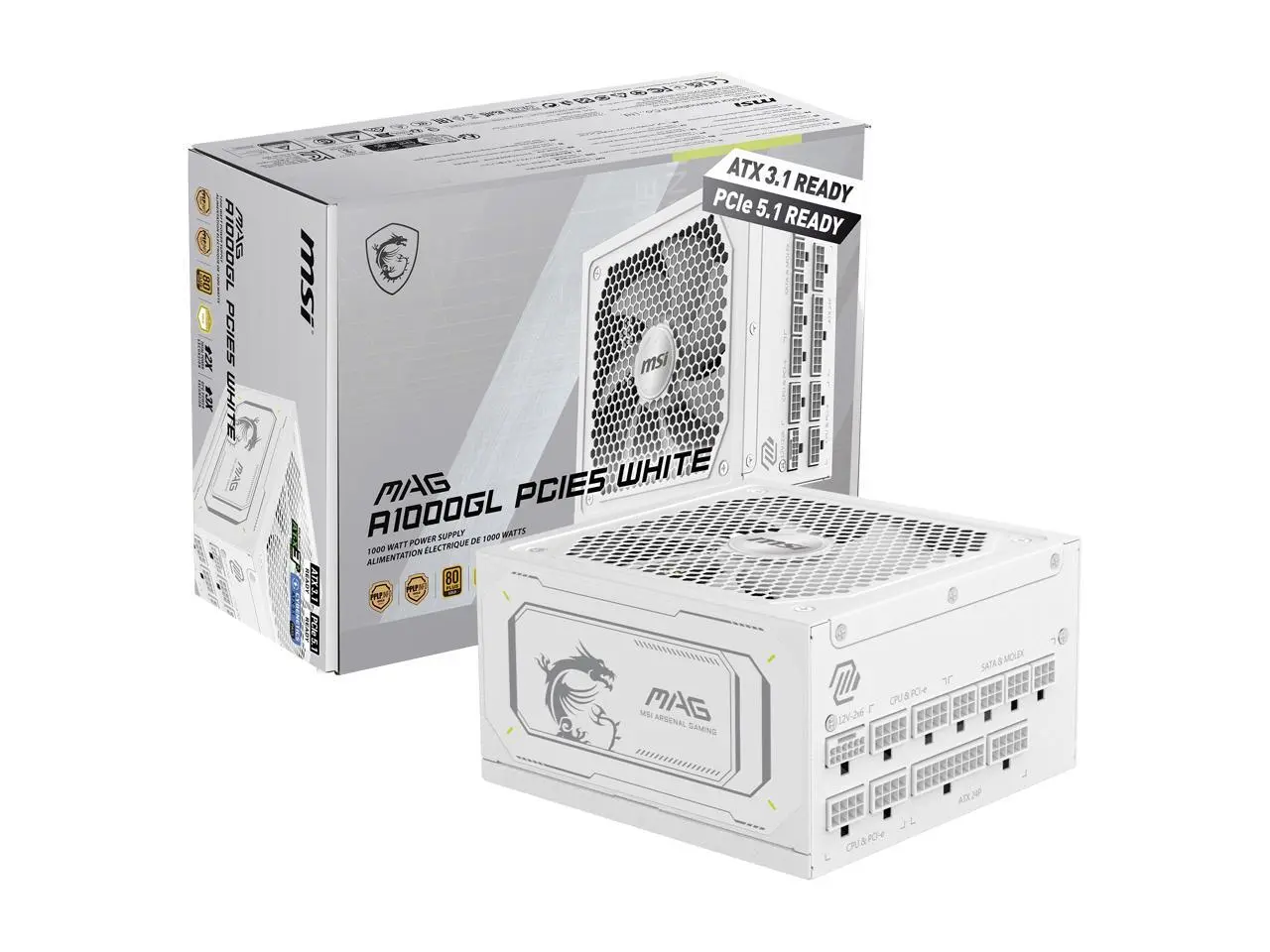 MSI MAG A1000GL PCIE5 WHITE, Fully Modular Compact Gaming 1000W Power Supply, 80+ Gold, ATX 3.1 & PCIe 5.1 Ready, Native Dual-color 12V-2x6 cable, 10 Year Warranty