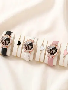 6-piece set of women's student Korean version simple, fashionable, waterproof, casual, atmospheric quartz women's watch set Quartz Analog Watch Casual Trendy Wristwatch