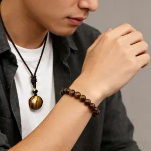 Men's 2-Piece Tiger Eye Jewelry Set, Adjustable Braided Rope Bracelet & Natural Stone Pendant Necklace, Ideal Tiger Eye Gift for Valentine's Day, Birthday