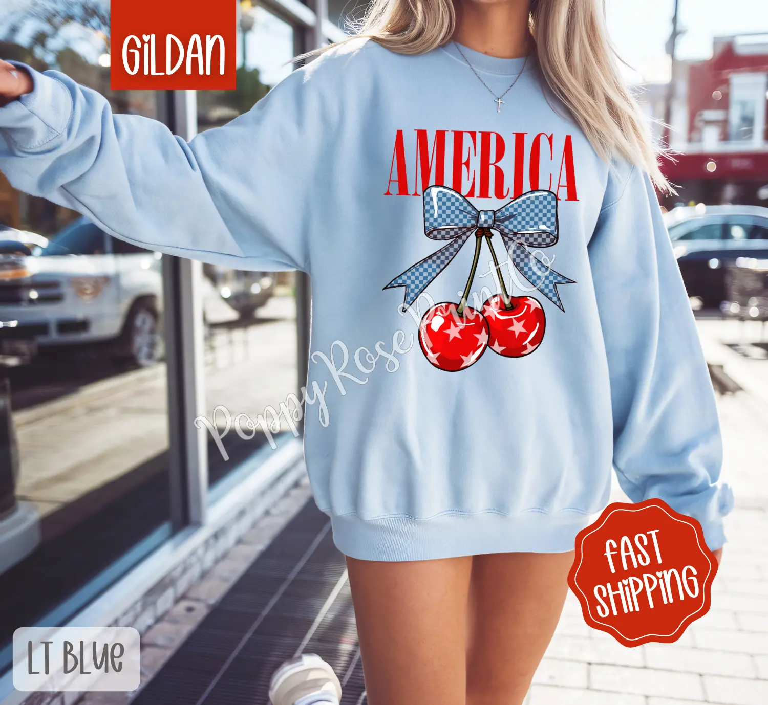 America Cherry Gildan Sweatshirt, Fruit Summer Sweater, Cute Women's Crewneck, Gift For Her