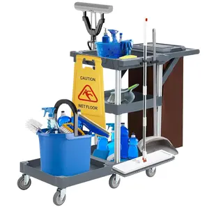 Commercial Traditional Janitorial 3-Shelf Cleaning Cart on Wheels with Cover and Vinyl Bag,Custodial Cart,Housekeeping Carts for Hotels,Stores,Schools