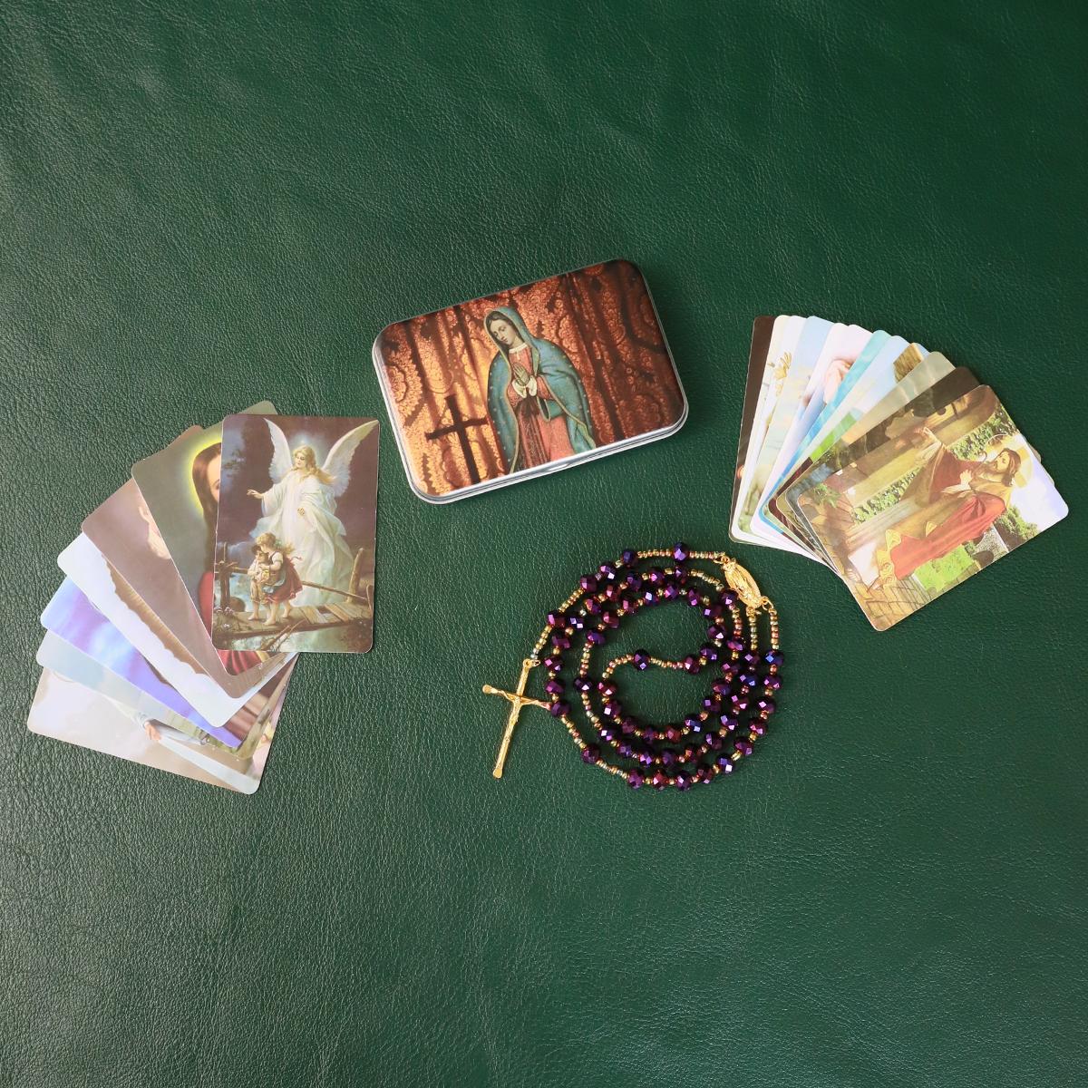 Catholic Rosary Purple Beads Necklace, with Crucifix Rosaries Communion Rosary Christian Gifts Catholic Gifts with a Gift Box And 18pcs Praying Cards