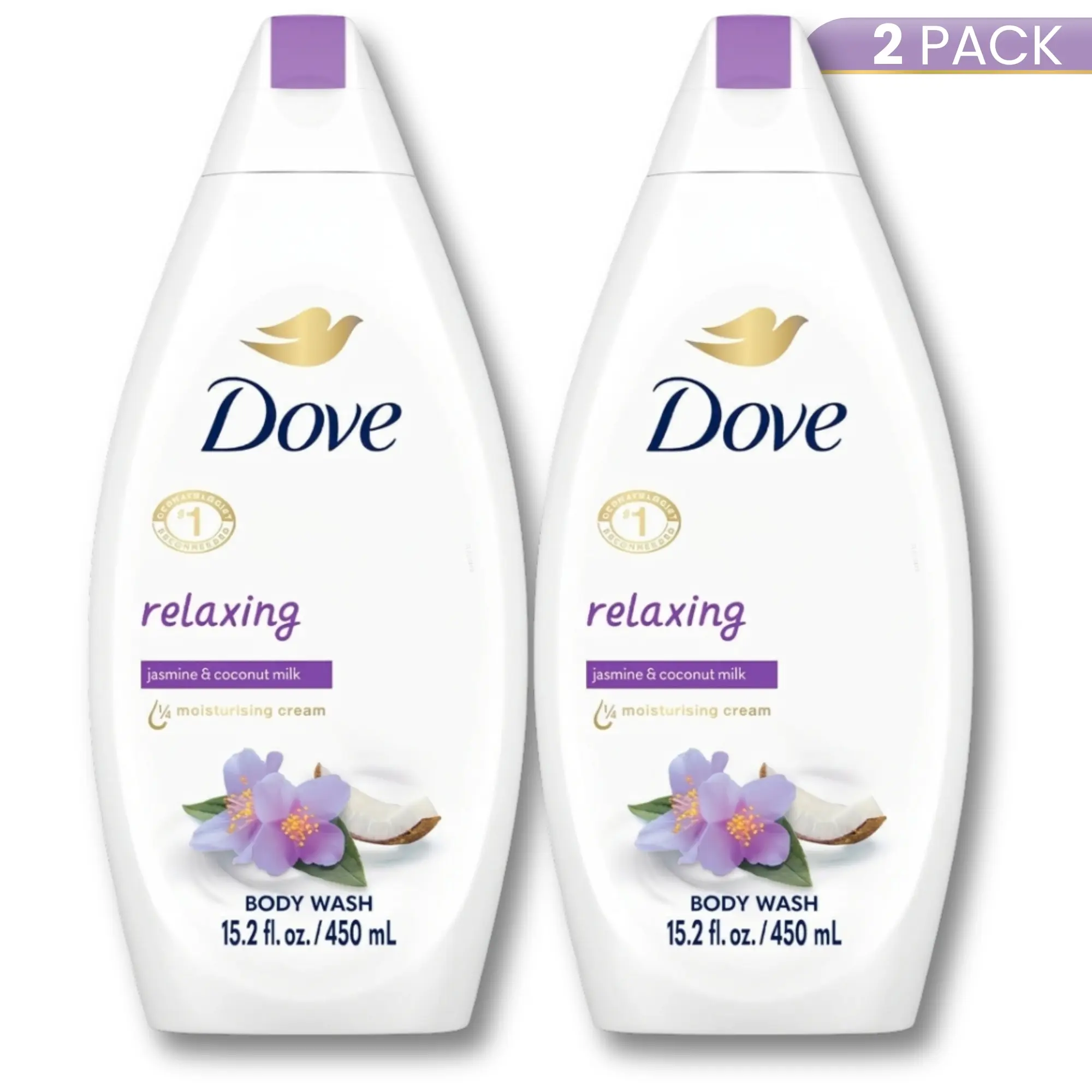 Dove Relaxing Body Wash, Jasmine & Coconut Milk Scent, Daily Shower Cleanser and Moisturizer with 1/4 Moisturizing Cream (2 Pack, 15.2oz / 450ml), Body Care, Hydrating