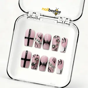 10PCS 1 Inch Short Square Acrylic Press On Nails, Pink Y2K Goth Fake Nails with Cross & Leopard Print, Reusable Glue On Nails for Women Girls