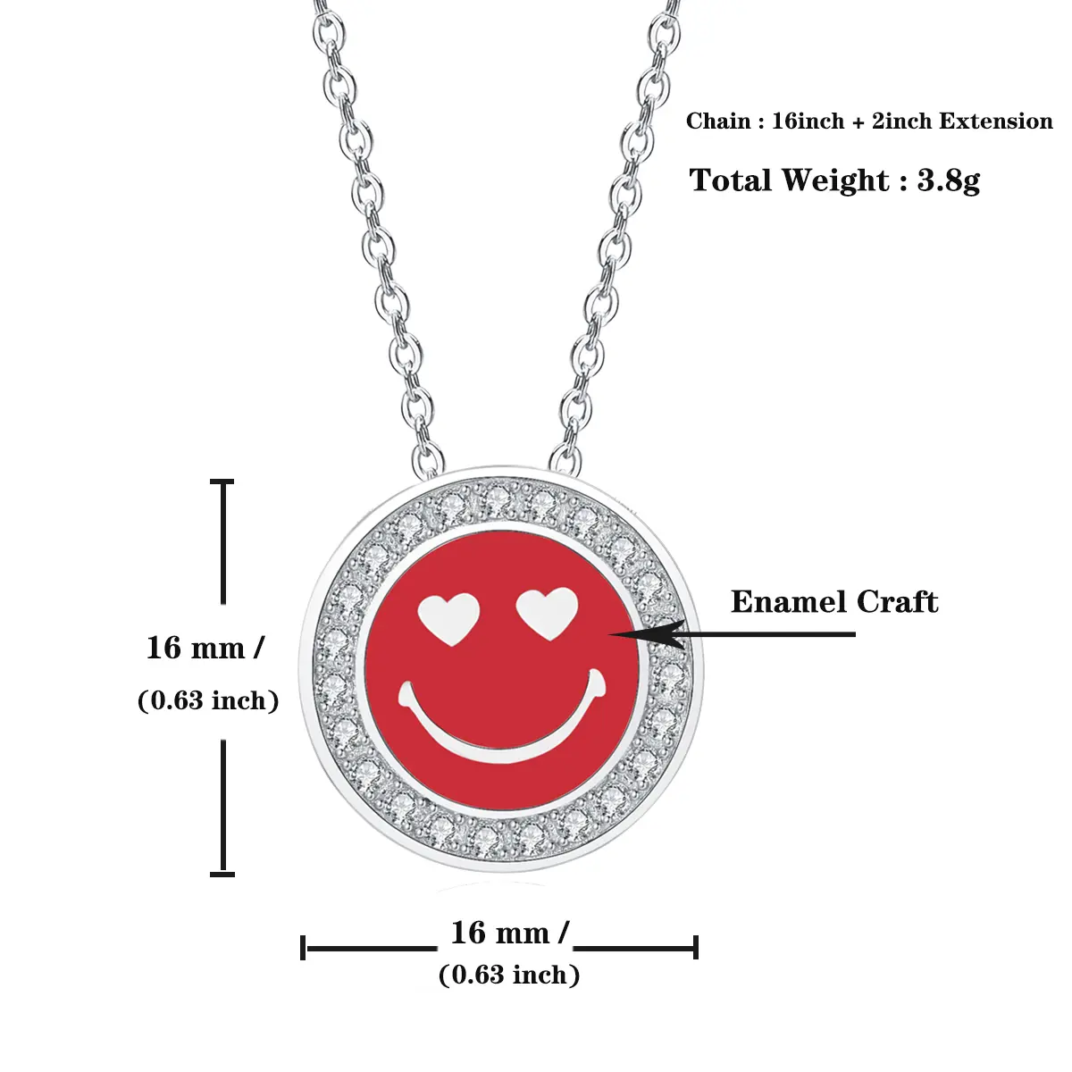 925 Sterling Silver 5A CZ Diamond Enamel Happy Face Pendant Necklace for Women