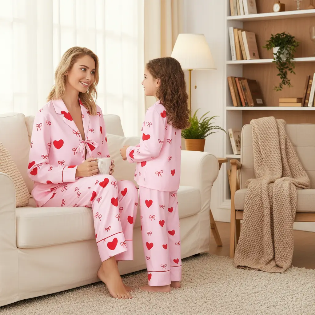 Women's & Girls' 2-Piece Polyester Valentine's Matching Pajamas Set, Cute Heart Print Long-Sleeve Tie-Up Tops with Pants, Mommy-Daughter Clothes, Longsleeves